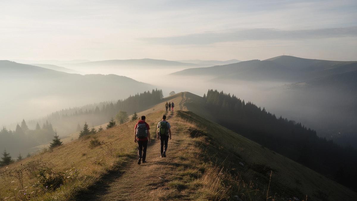 Morning light on the Chornohora ridge near Vorokhta with a small walking group on the path