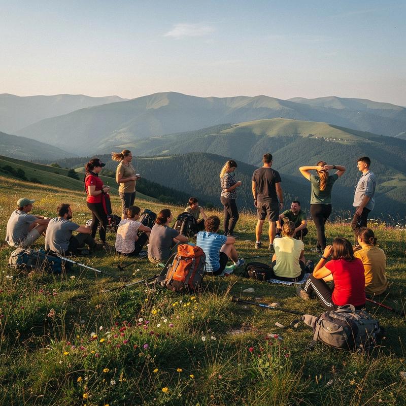 Weekend group resting on a grass ridge above Dzembronia in the Ukrainian Carpathians