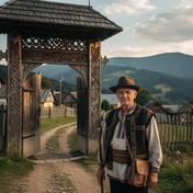 Guide Taras Bilyk beside a village gatehouse in Zakarpattia
