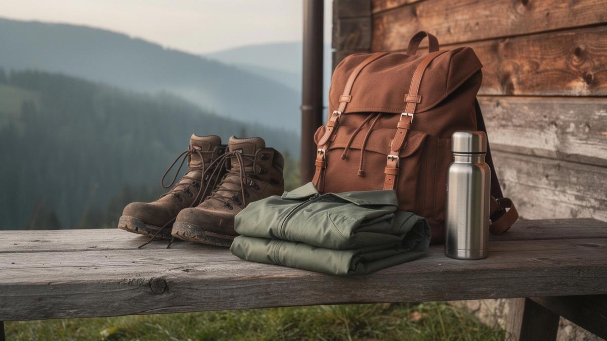 Hiking boots, a rain jacket and a thermos laid out on a wooden bench at a Carpathian guesthouse