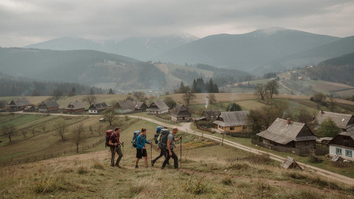 Weekend walking group on a grassy ridge above a Carpathian village in Ivano-Frankivsk region