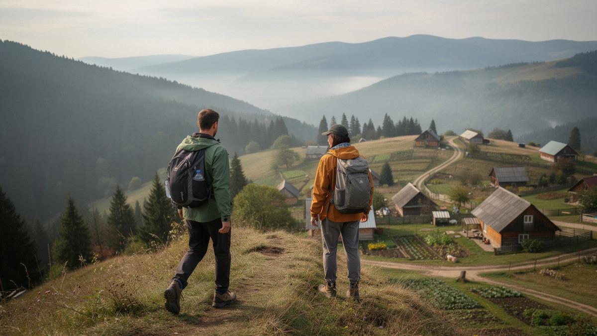 Two hikers on a grassy Carpathian ridge above a village in the Ivano-Frankivsk region