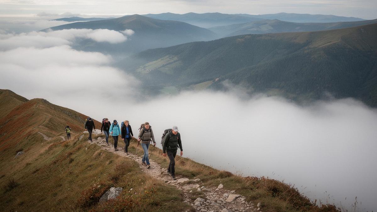 Walkers on a grassy Chornohora ridge above low cloud